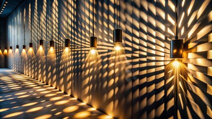 Poster - Geometric Light Patterns A Row of Pendant Lamps Cast Striking Shadows on a Wall, light , shadow , minimalist , design