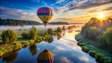 Wall Mural - Hot Air Balloon Reflection in River at Sunrise, River, Balloon, Sunrise, Landscape