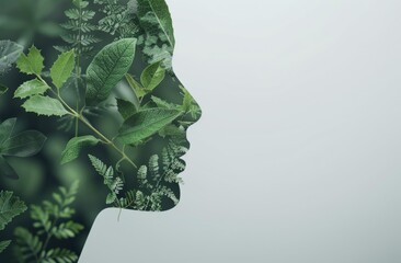 Wall Mural - Green Silhouette of a Female Face With Plants in Minimalist Indoor Setting