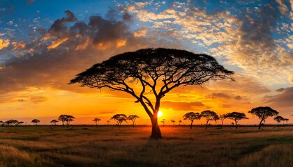 Wall Mural - Panorama silhouette tree in africa with sunset.Tree silhouetted against a setting sun reflection on water.Typical african sunset with acacia trees in Masai Mara, Kenya.