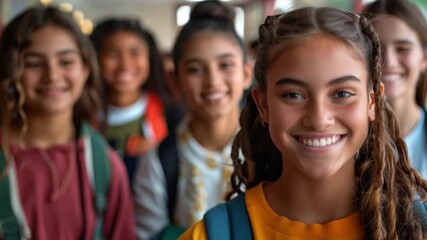Poster - A diverse group of young girls stands confidently in a school hallway, smiling and enjoying each other's company, with backpacks ready for a day of learning.