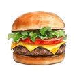 © EEKONG - A watercolor style illustration of a double cheeseburger with lettuce and tomato on a white background