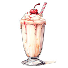 A watercolor style illustration of a milkshake with a cherry on top on a white background