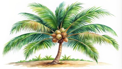 Watercolor Illustration of a Lush Coconut Palm Tree on a Tropical Beach, palm , tropical , watercolor , illustration