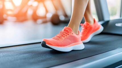 woman's feet running on a treadmill, symbolizing fitness, determination, and a healthy lifestyle. The image captures the motion and dedication involved in regular exercise.