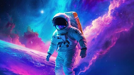 Wall Mural - An astronaut walks through the vast expanse of space, the colorful nebula swirling around them.