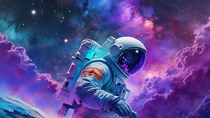 Wall Mural - An astronaut walks through the vast expanse of space, the colorful nebula swirling around them.
