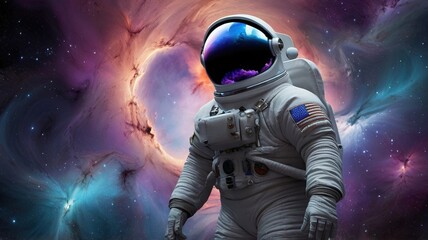 Wall Mural - An astronaut walks through the vast expanse of space, the colorful nebula swirling around them.