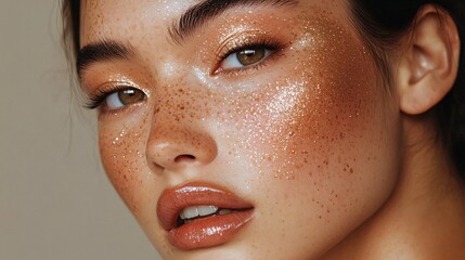 Wall Mural - Portrait of a young caucasian woman with freckles showcasing radiant makeup and glitter