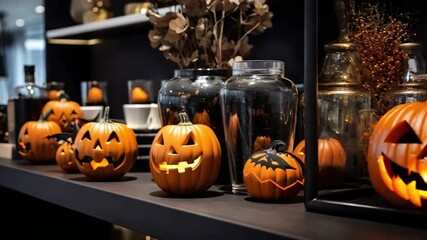 Wall Mural - Halloween pumpkin decorations on a table. Modern dark kitchen.