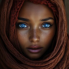 Wall Mural - young mixed race Somali and Tunisian woman, thin face and eyes completely filled with blue, red hair, brown stillsuit outfit