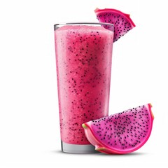 Medium shot of Dragon Fruit juice in a glass near the Dragon Fruit, isolated on a white background, 