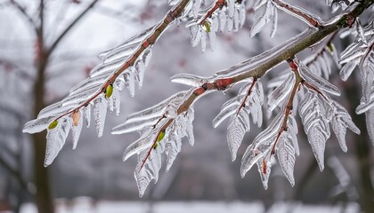 Tree branches covered with ice in winter