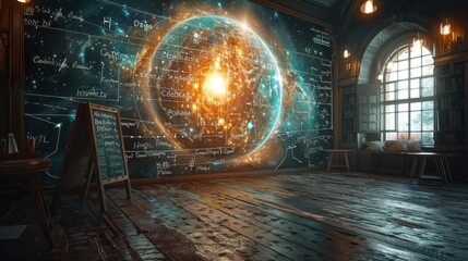 Wall Mural - futuristic cosmic classroom with detailed space formulas - generative ai
