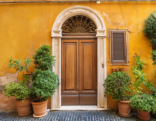  Old wooden door with lush green plants on the street of Malta