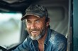 © liang - Cheerful Male Driver in Hat Standing Proudly in Front of His Truck, Exuding Confidence and Readiness for the Road Ahead.
