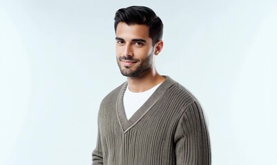 Wall Mural - Portrait of a Brazilian man in his 30s in a white background wearing a chic cardigan