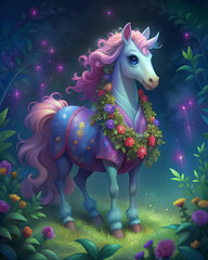 Wall Mural - Beautiful unicorn with a mane of pink color with a wreath of flowers. At night in a magical garden.