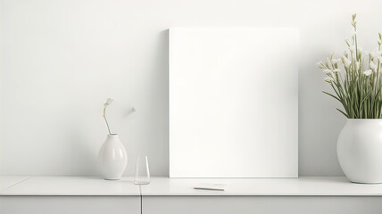 interior scandinavian background wall, white frame on a white wall background for presentation, ceramic vase on the table,