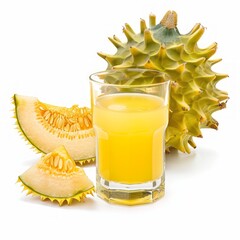 Medium shot of Horned Melon juice in a glass near the Horned Melon, isolated on a white  