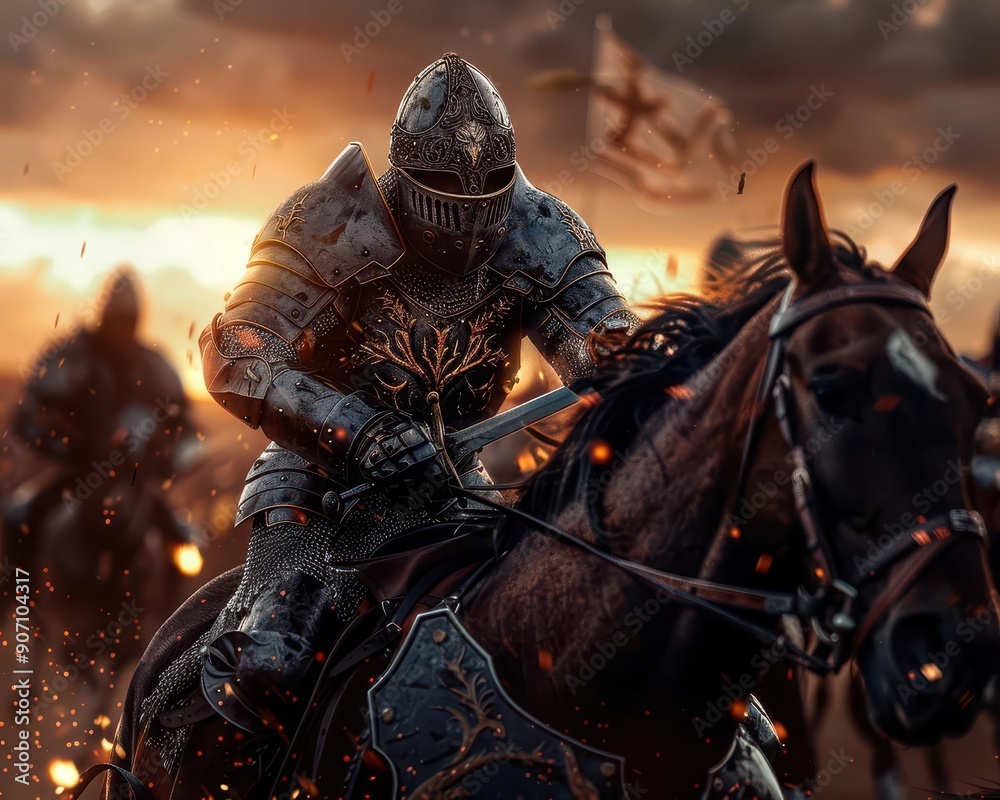 Charging horses with knights in full armor ready for battle, showcasing ...