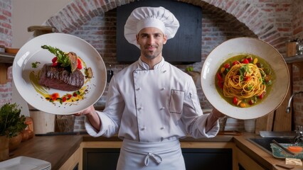 Wall Mural - A chef holding two plates with food on them in a kitchen, AI