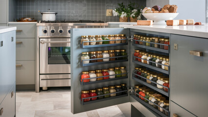 Wall Mural - A kitchen cabinet with spices in it and a stove, AI