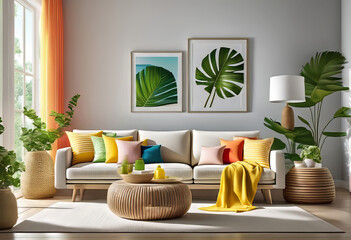 interior details of the summer collection for a home decor company, bright pillows on the sofa