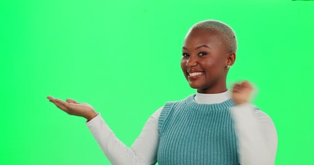 Sticker - Black woman, pointing and green screen for presentation, promotion and mockup space with hand. Fashion, marketing and branding for product placement, deal and advertising with discount in studio