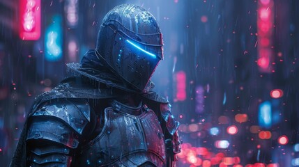 Cyberpunk warrior in rainy neon city - generative ai