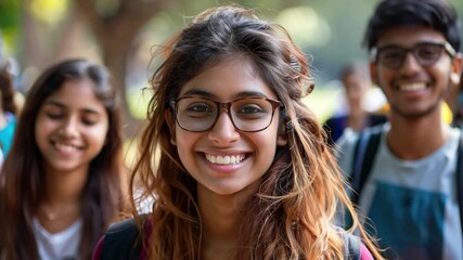 Poster - A group of university students enjoys a lively day on campus, with one student prominently smiling in the foreground.