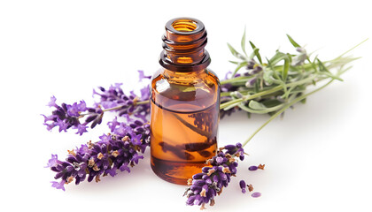 Wall Mural - Bottle with aroma oil and lavender flowers isolated on white background