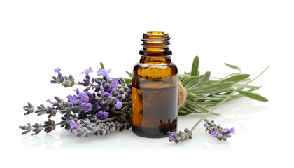 Wall Mural - Bottle with aroma oil and lavender flowers isolated on white background