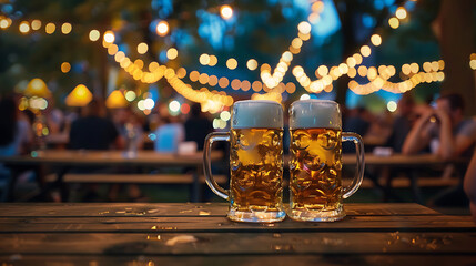 two full beer mugs on a wooden table, with a blurred background of people gathered, likely in a beer garden or festival setting