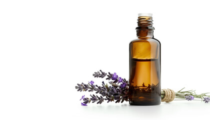 Wall Mural - Bottle with aroma oil and lavender flowers isolated on white background