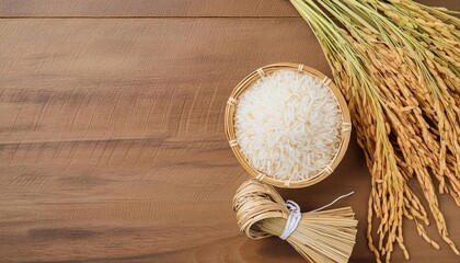 Rice grains with raw paddy grains beside isolated on white background, mockup, design, wooden table, clean background