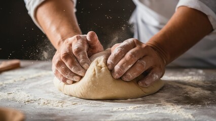 Canvas Print - A person kneading dough on a table with flour, AI