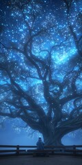 Wall Mural - astronaut is sitting on a bench, admiring a majestic magical tree with glowing branches that illumin