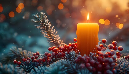 Wall Mural - Close up of a candle in a spruce tree with berries no texte, no titre in picture ,cinematic lighting, design stage design