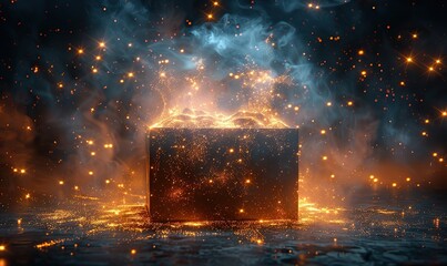 Wall Mural - image of a black box emitting bright, sparkling light and stars, representing a magical surprise or 