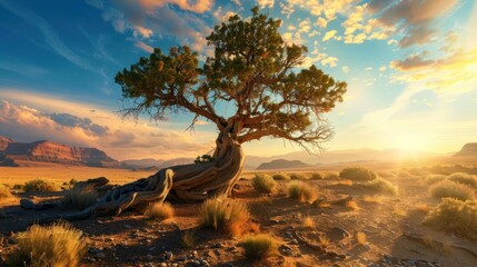 Wall Mural - A large tree is standing in a desert landscape