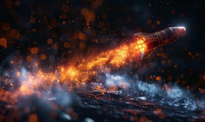 Wall Mural - a low poly wireframe illustration of an orange rocket launching into outer space, symbolizing busine