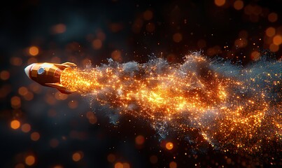 Wall Mural - a low poly wireframe illustration of an orange rocket launching into outer space, symbolizing busine