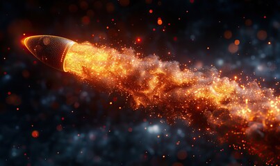 Wall Mural - a low poly wireframe illustration of an orange rocket launching into outer space, symbolizing busine