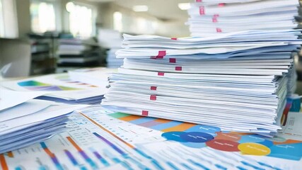 Poster - Several stacks of financial documents and charts on a desk in a corporate office.