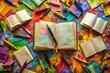 © DigitalArt Max - Vibrant colorful background with scattered sheets of handwritten poetry, scattered pens, and open books, evoking creative writing inspiration for World Poetry Day celebrations.
