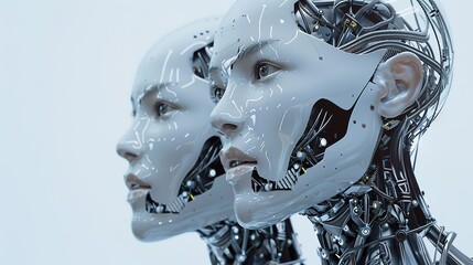 Poster - Futuristic Robot Heads Displayed in Airy Exhibition Hall With Sophisticated Technology and Design Elements