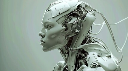 Poster - Futuristic Android Female With Exposed Wiring and Mechanical Components in Minimalist Environment
