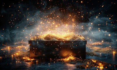 Wall Mural - an open black box emitting a burst of golden sparks and light, symbolizing mystery, magic, and surpr