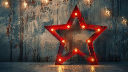 Poster - Retro star decor with bright lights on concrete backdrop Modern studio design with space for text
